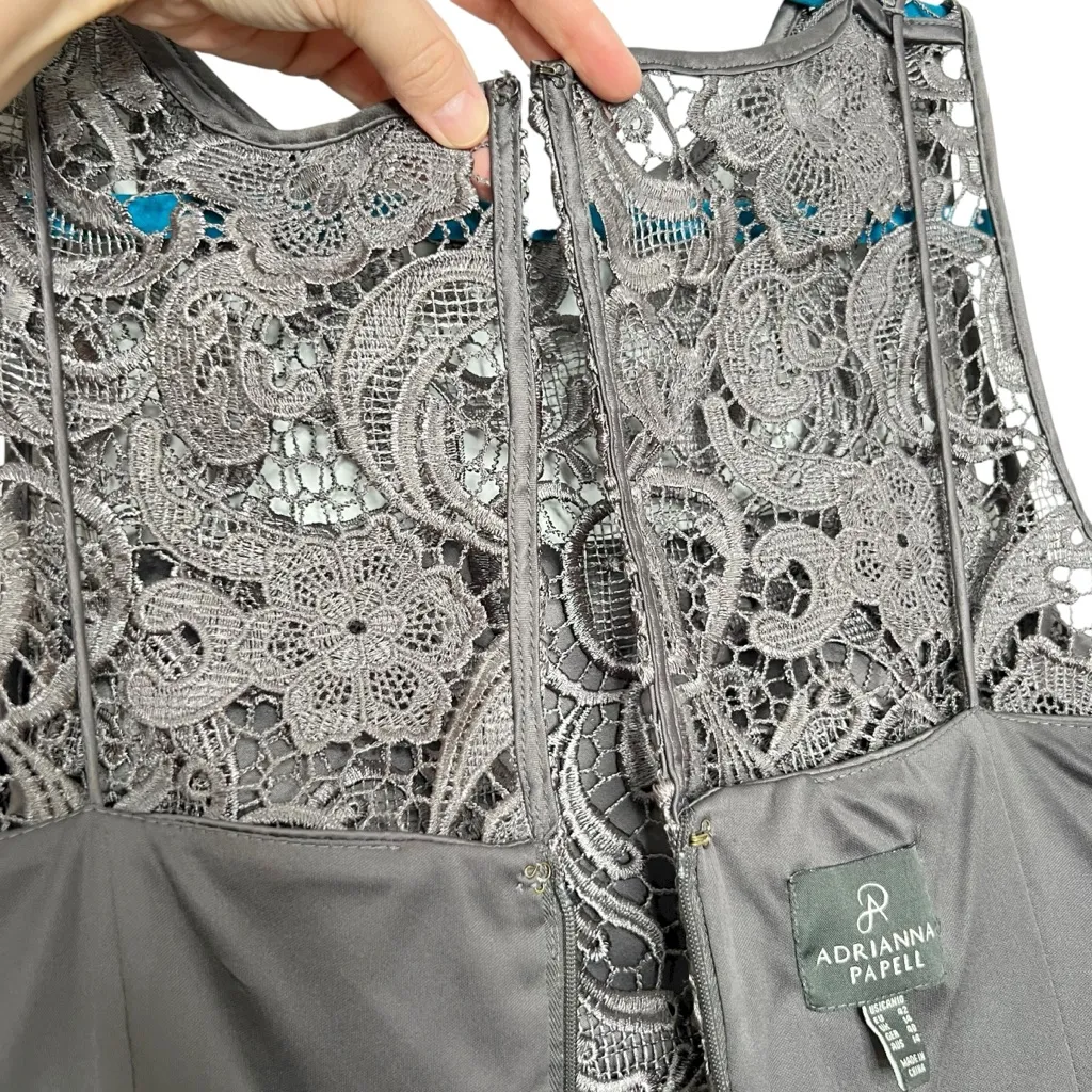 Adrianna Papell Gray Illusion Lace Overlay Boat Neck Sheath Dress - Image 11