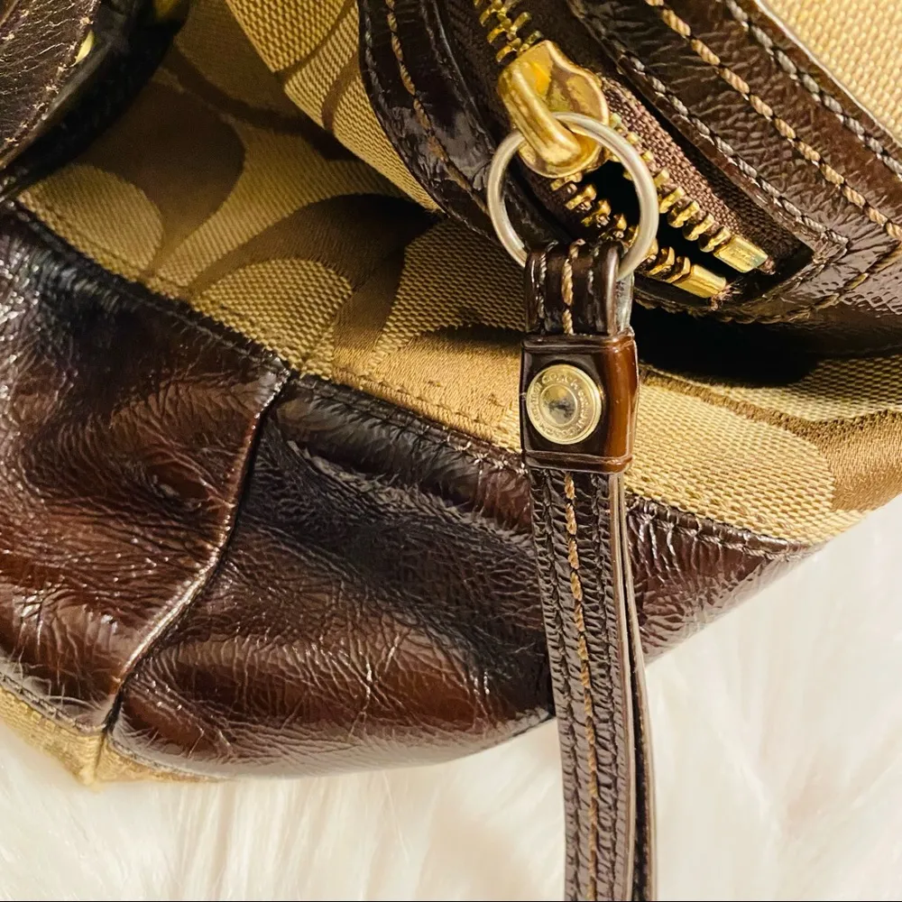 Signature Brown Jacquard and Patent Leather Stripe Satchel - Image 7