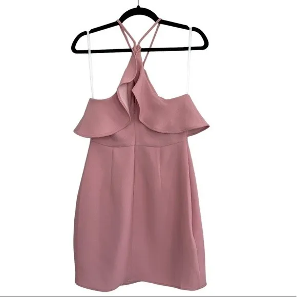 NWT‎ BCBGeneration Asymmetrical Ruffle Halter Mini Dress Pink Rose Size 2 - Image 3