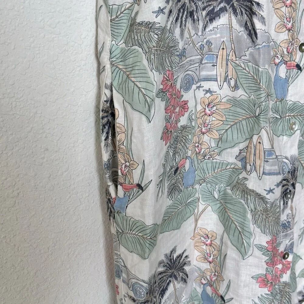 C&C California Tropical Palm Floral Short Sleeve  Linen Shirt Dress pockets L - Image 11