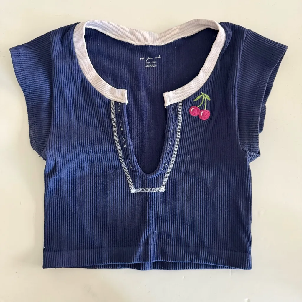 Out From Under | Urban Outfitters Navy Blue Crop Top with Cherry Embroidery - Image 2