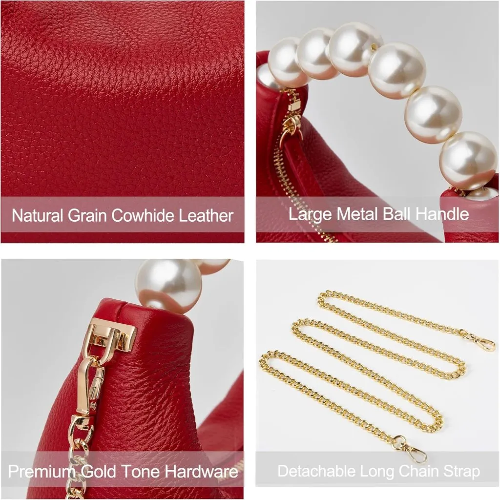 ⚡ Women's Top Handle Chain Pearl Strap Leather Crossbody Tote Red Bag - Image 2
