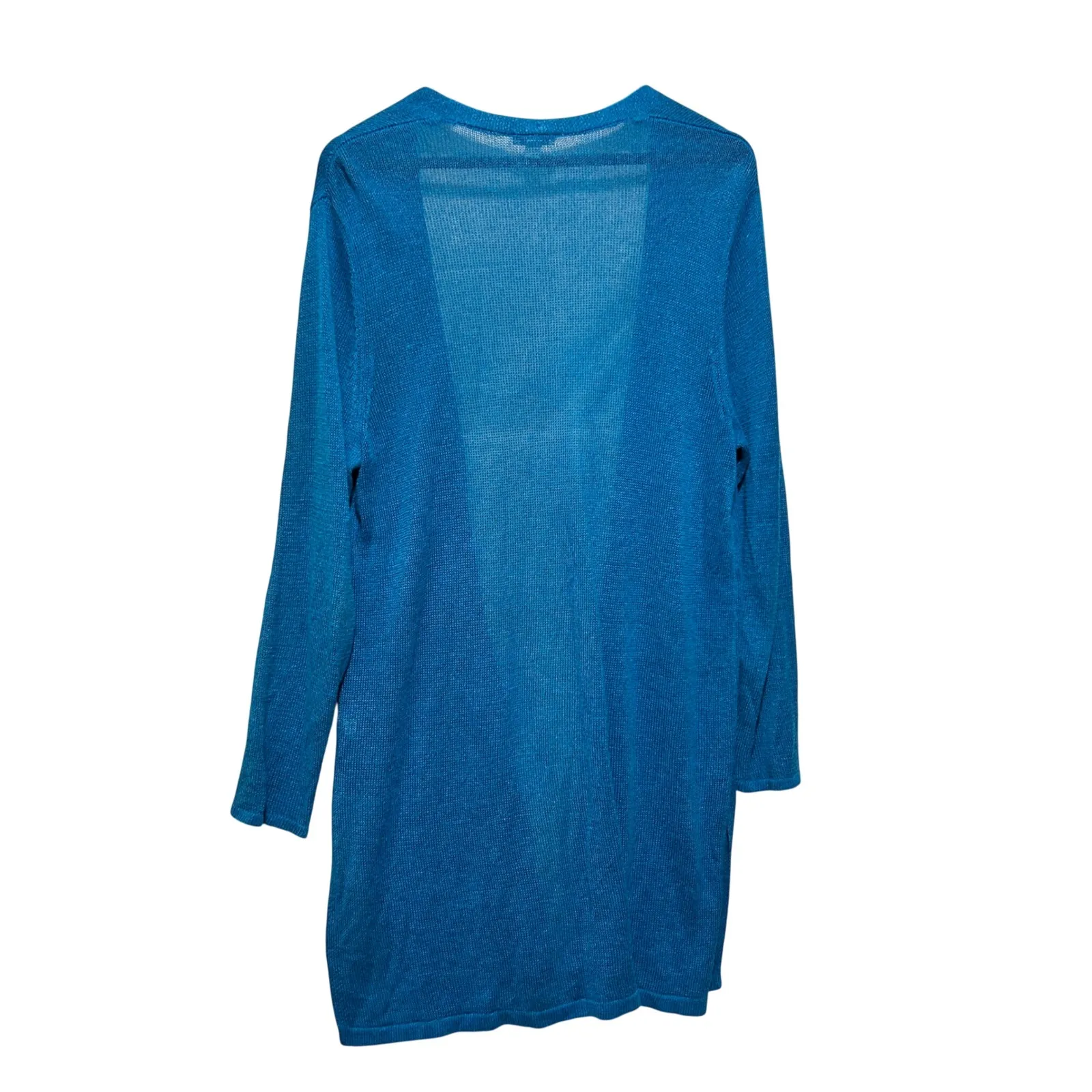 J Jill Women Open Front Duster Cardigan L Teal Linen Rayon Lightweight Layer - Image 2