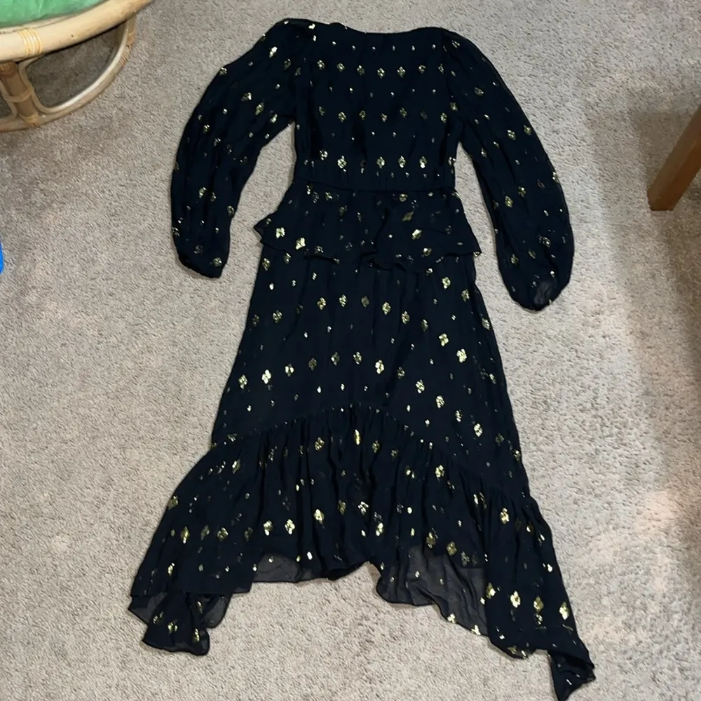 A.L.C. Stanwyck Dress Ruffle Sheer Long Sleeve Silk Midi Gold Metallic‎ Black 6 - Image 8