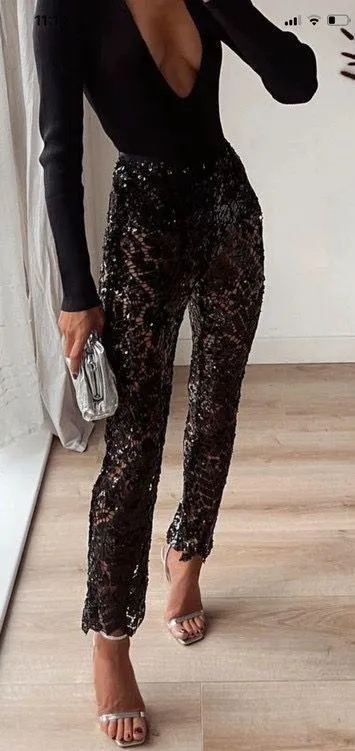 Black mesh lace sparkle sequin flare wide leg pants trousers - Image 3