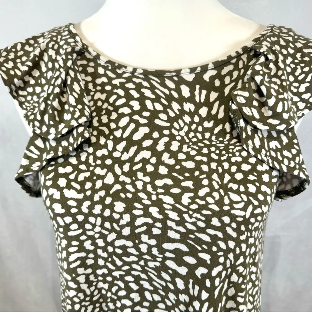 olive green and white abstract print ruffle sleeve swing dress size XXSP - Image 5