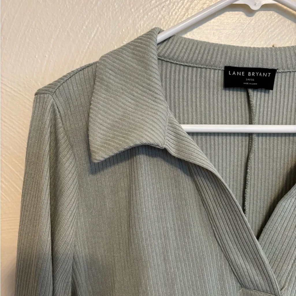 Lane Bryant Ribbed Split Neck Collared Long Sleeve Top Size 14/16 Sage - Image 6