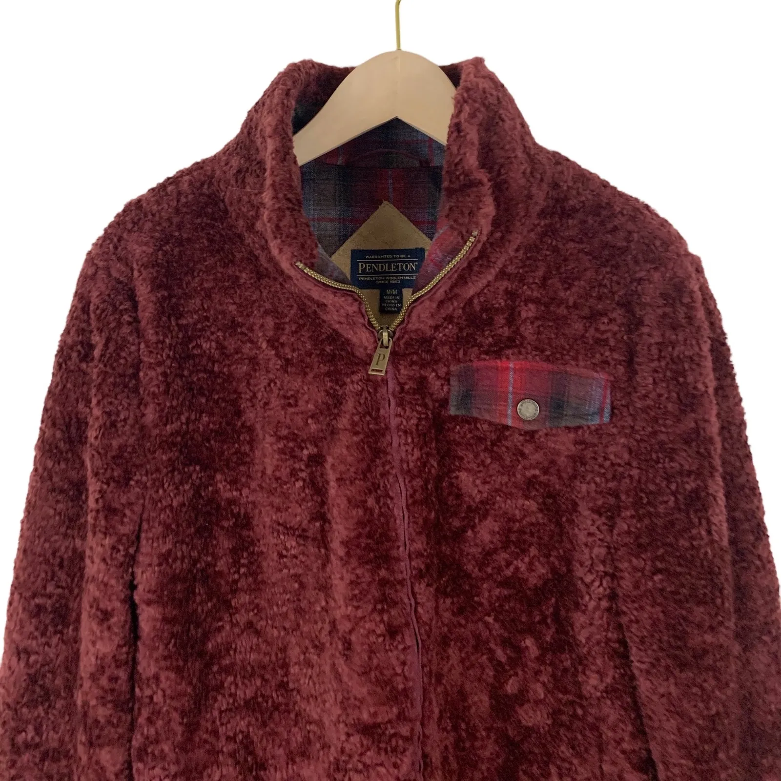 Pendleton Burgundy Zip Front Fleece Teddy Jacket Women's Size Medium - Image 4