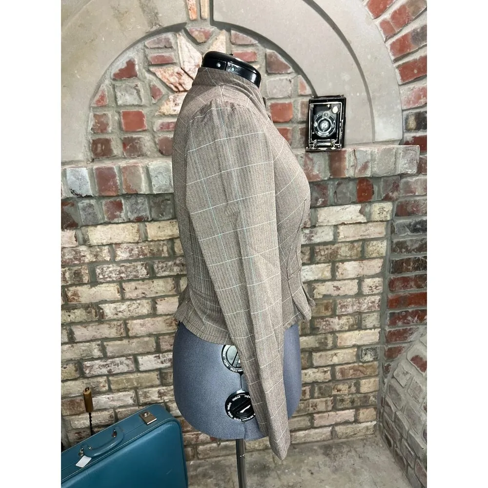 cropped blazer plaid ruffle hem Y2k brown blue Size M - Image 9