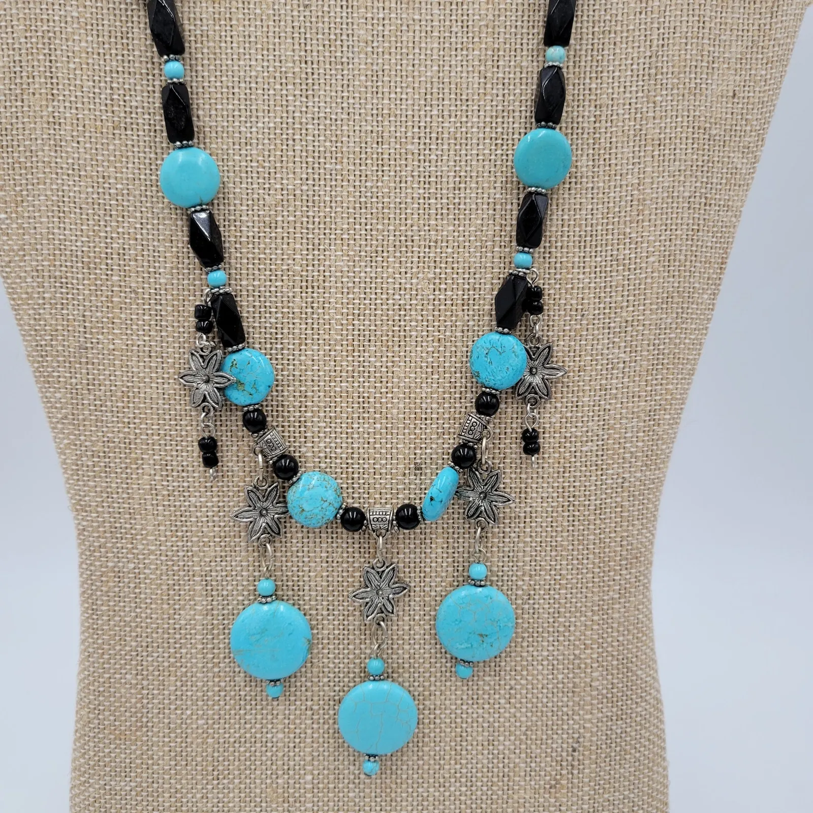 Womens Turquoise Necklace 18" Black Silver Beaded Collar Statement Jewlery Blue - Image 4