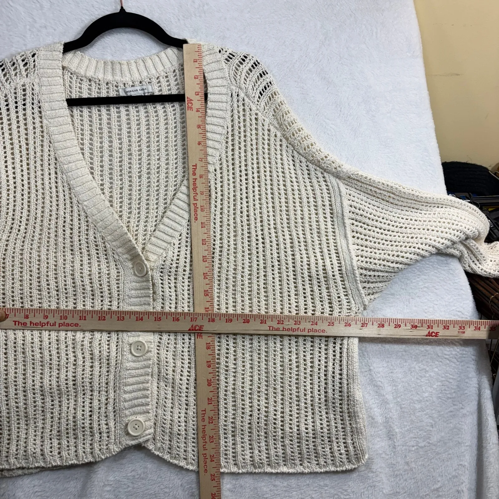 American Eagle XL Cardigan Sweater Cream Distress Chunky Knit Cozy Coastal Boho - Image 5