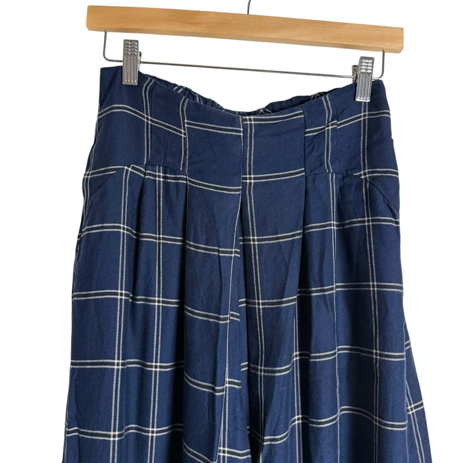 Free People Dance At Dusk Wide Leg Windowpane Plaid Pants Navy Blue XS - Image 4