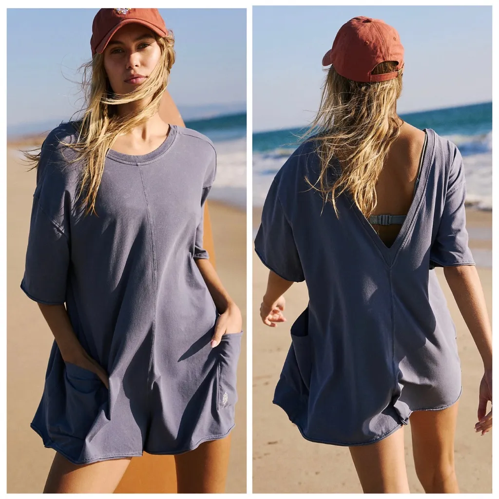 Free People Movement Hot Shot Tee Romper Sz L Indigo Blue - Image 2