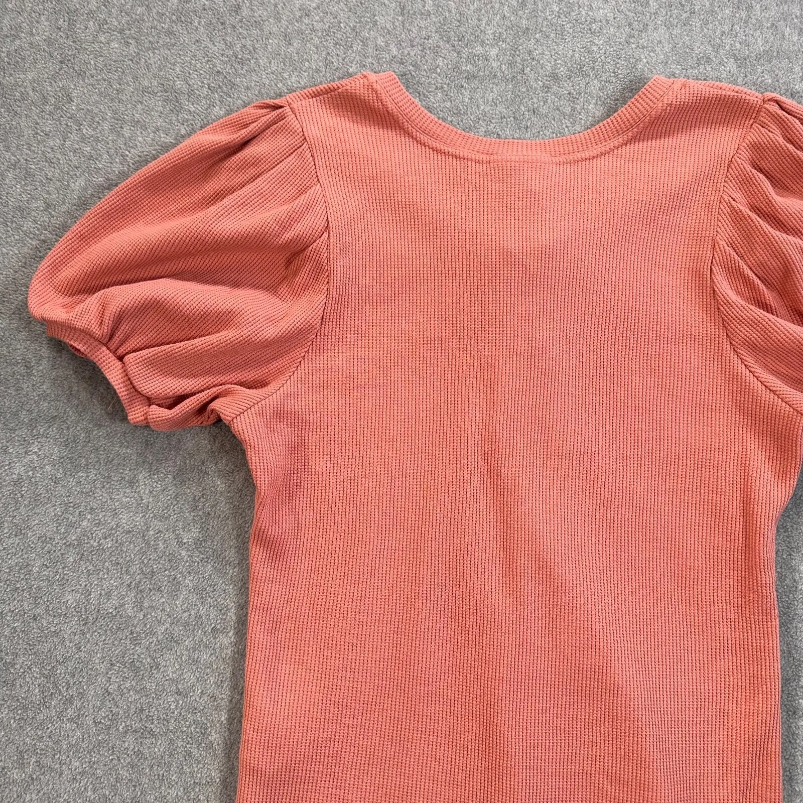 Wrangler Retro Puff Sleeve Top Women's Medium Rose Pink Waffle Knit Lace Up - Image 7