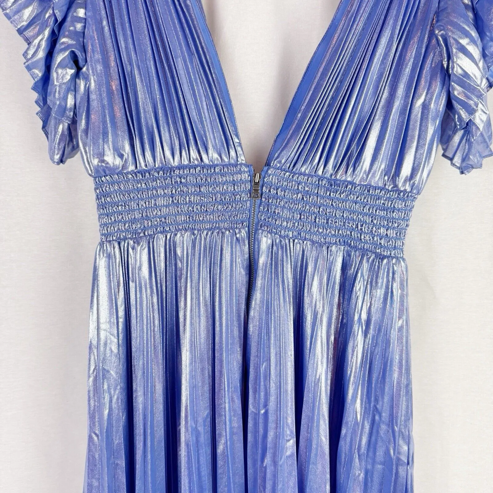 ALICE + OLIVIA Niesha Blue Lame Midi Dress with Pleated Skirt V Neck Size 0 NWT - Image 6