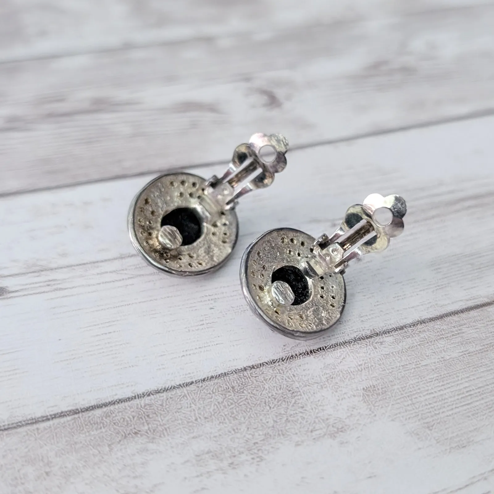 Vintage Clip On Earrings Metallic Blue Center, Clear Gems - Image 6