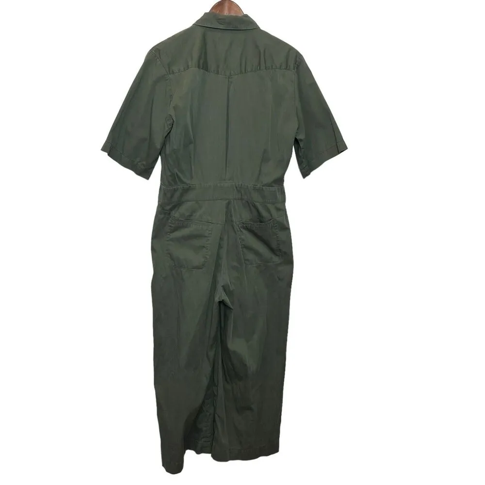 Ba&sh Brigitte Collared Jumpsuit In Green Cropped Cotton Utility Womens Size L - Image 2