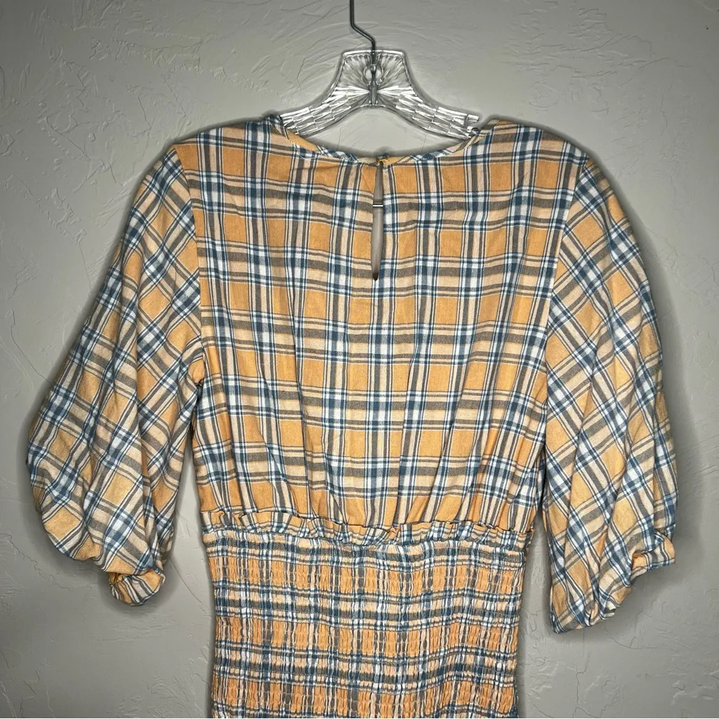 Mable Southern Peach Plaid Deep V Neck Smocked Skirt Puff Sleeve Mini Dress Orange - Image 10