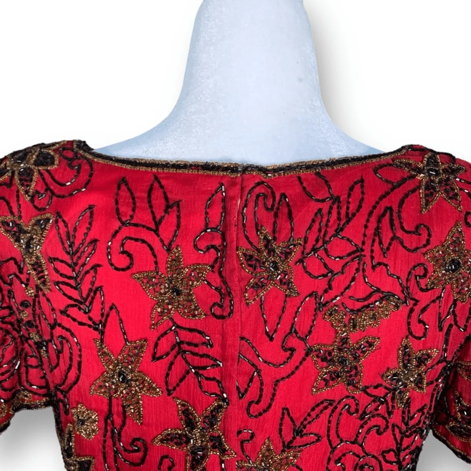 Vintage Papell Boutique Blouse Red Black Silk Embellished Metallic Floral Design - Image 5