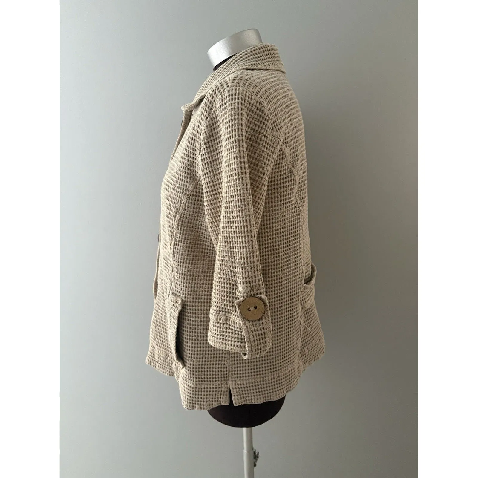 Focus Waffle Weave Jacket Size S Tan Big Button Lagenlook Utility Coastal Brown - Image 4