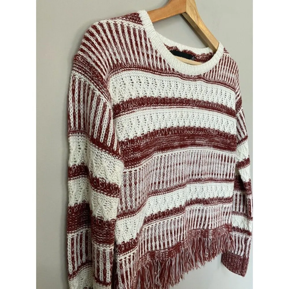 MINKPINK Womens Size XS Sunday Frills Fringe Sweater Top in Maroon & White Boho - Image 10