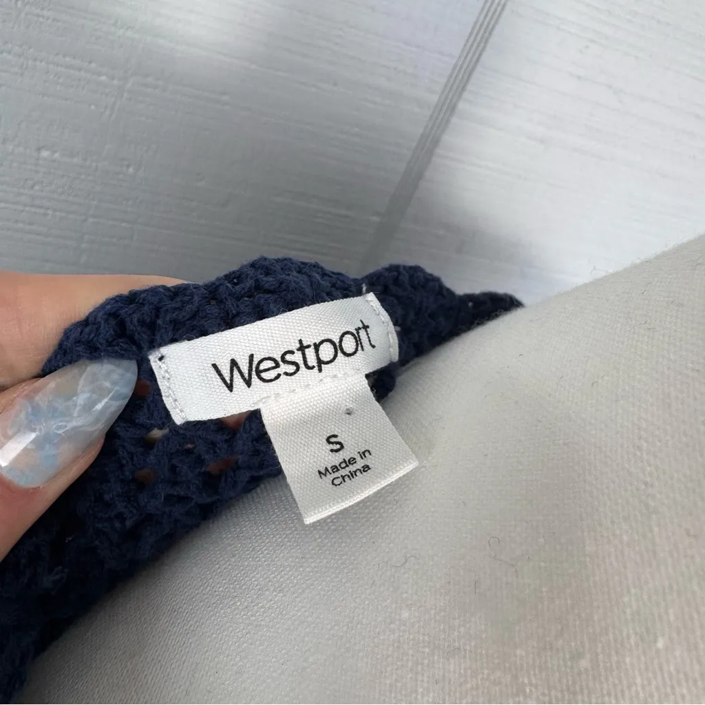 Westport Navy Blue Open Knit Sweater Long Sleeve Diamond Cutouts Scalloped Hem - Image 5