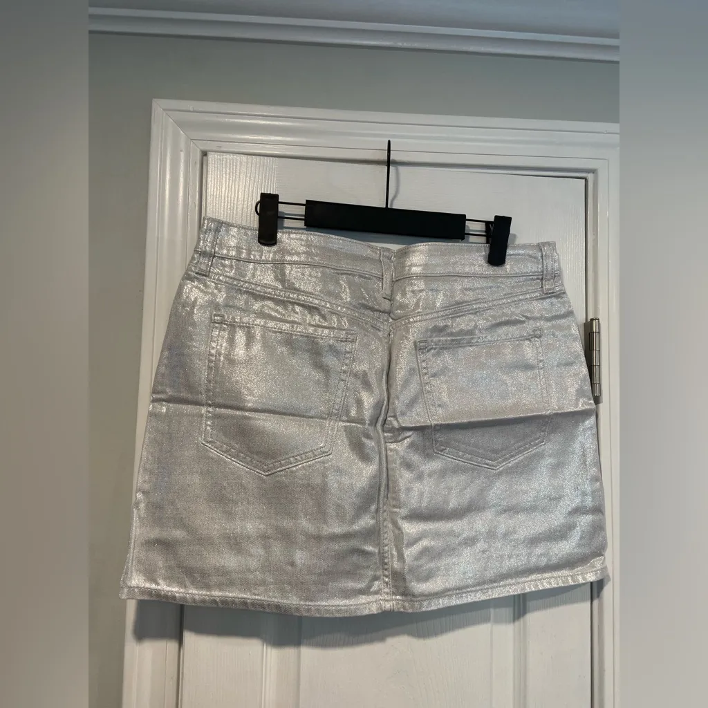 NWT Old Navy Size 12 Silver Shine Metallic Zip Stretch Denim A Line Mini Skirt - Image 6