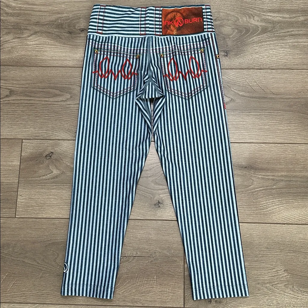 INKnBURN Blue White Stripe Denim Capri Performance Leggings Size 0 - Image 4
