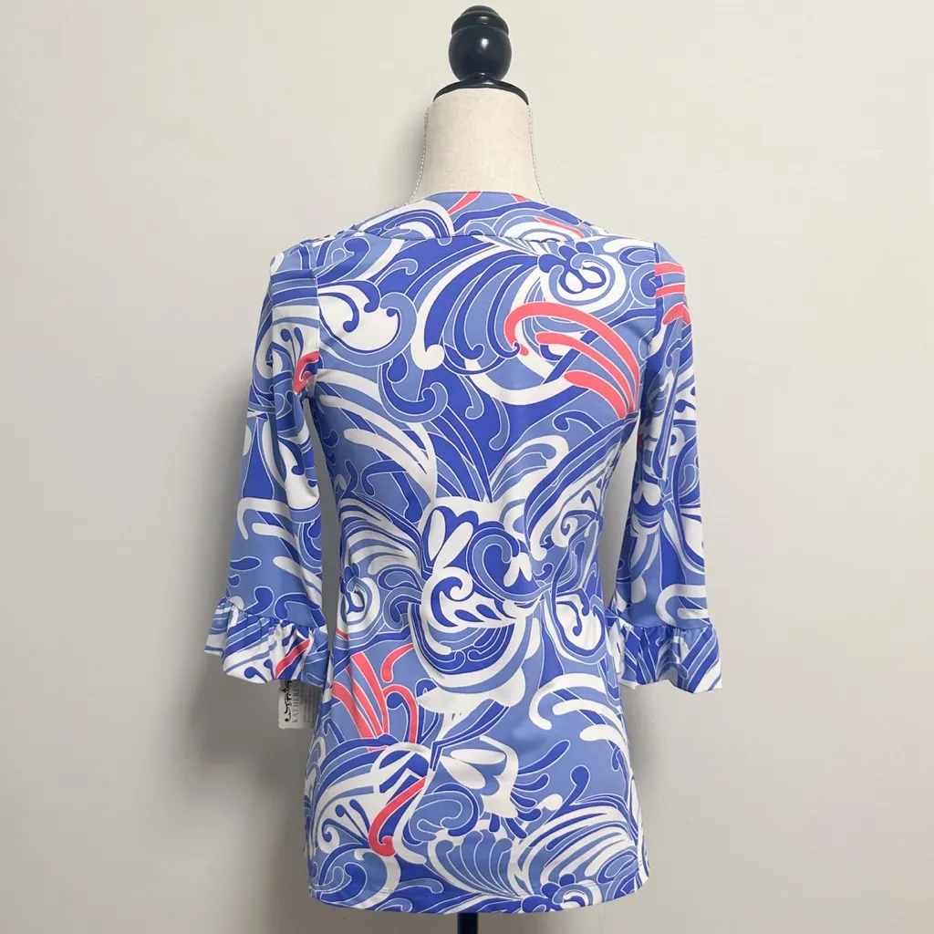 Katherine Way White Pink Blue Periwinkle 3/4 Circular Flounce Sleeve U Neck Top Size XS - Image 4