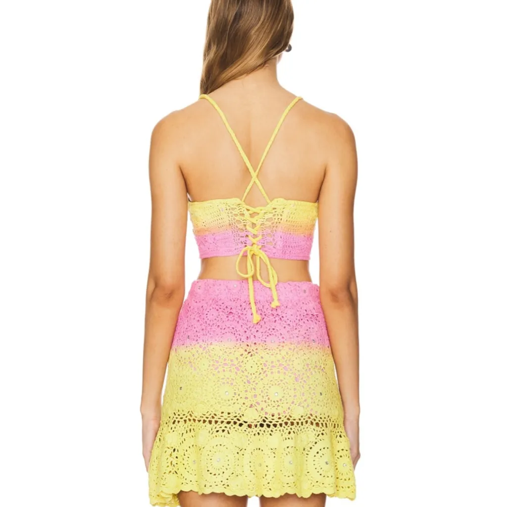 Women's Maaji Crochet Crop Top & Mini Skirt Set Yellow/Pink Size S - Image 3