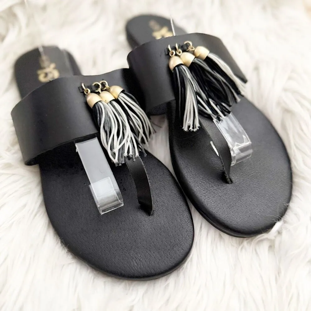 YOSI SAMRA | Rachelle Dress Sandal Tassel Black White Gold Flip Flops | Size 8 - Image 3
