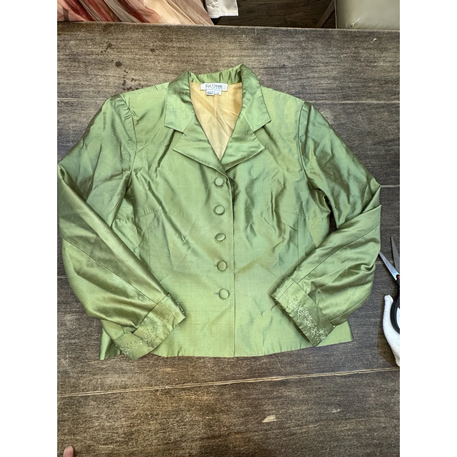 Kay Unger 100% Silk Green Satin Skirt Suit Set Y2K Dynasty Glam Sz 14 Wedding - Image 2