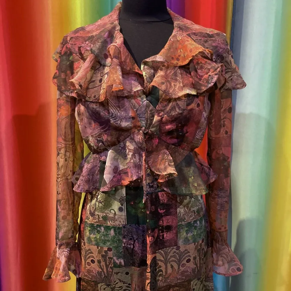 Vtg 70s psychedelic patchwork fantasy floral novelty print hostess maxi dress M - Image 5