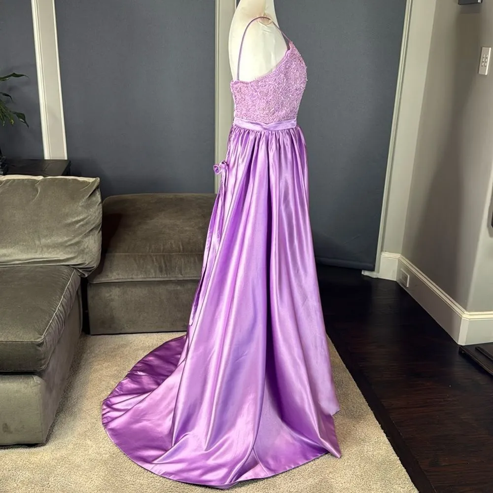 Women’s Purple Spaghetti Strap FullLength Satin Lace Appliqué Party Dress Size 6 Purple - Image 5