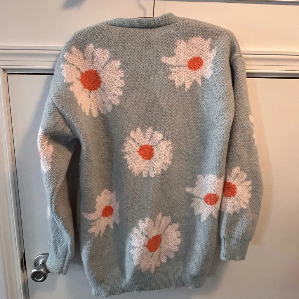 Women’s Floral Open Front Vneck Drop Shoulder Cardigan Sweater Light Blue Med - Image 3