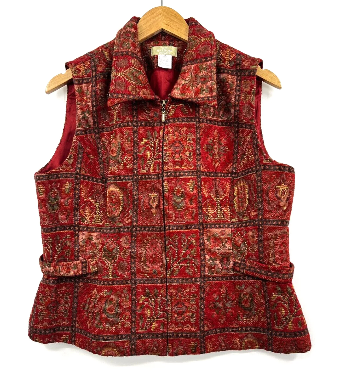 The Territory Ahead Red Print Tapestry Vest Zip Front Side Tabs Lined Size 14 - Image 1