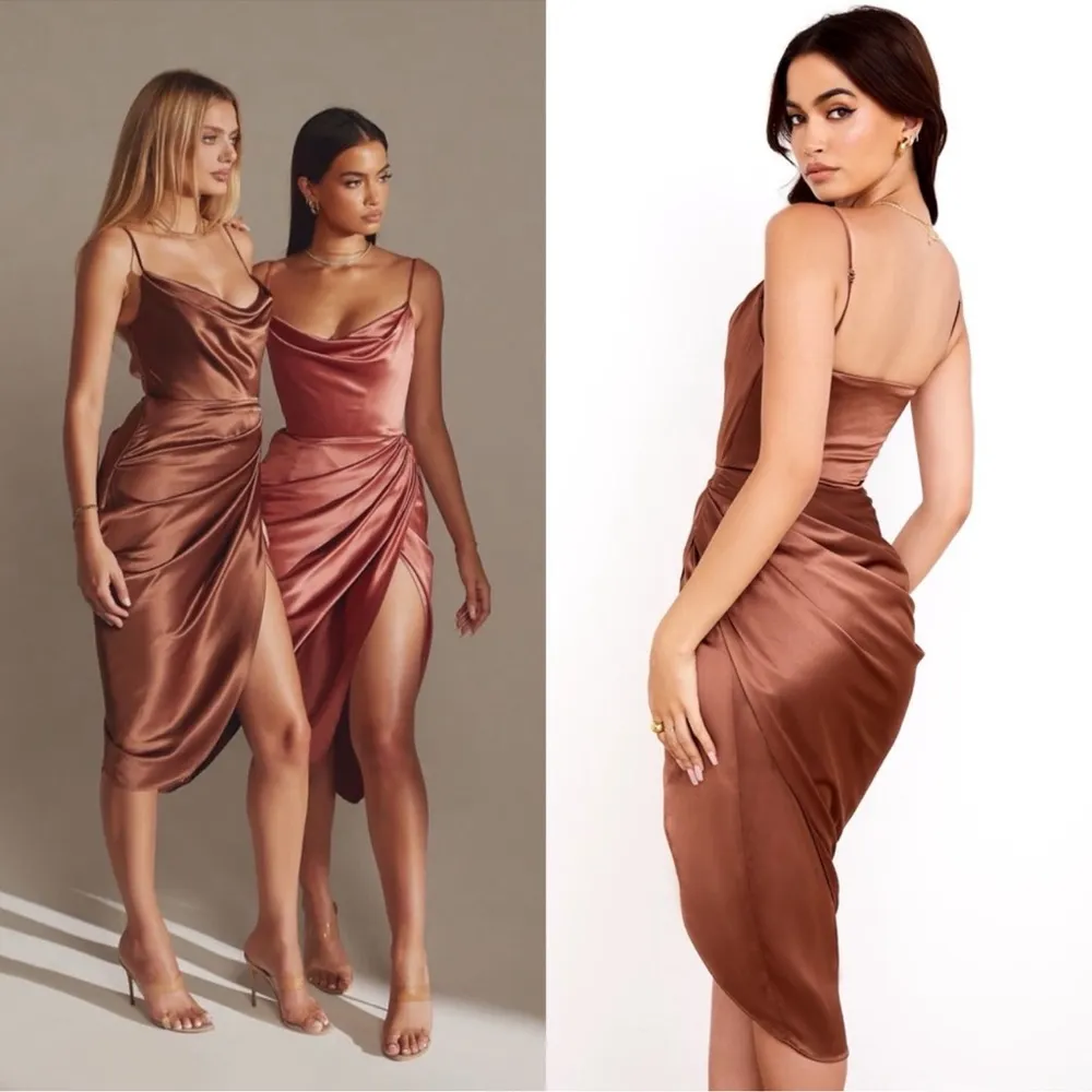 NWOT House of CB Reva Satin Gathered Toffee Brown Corset Dress sz M - Image 3