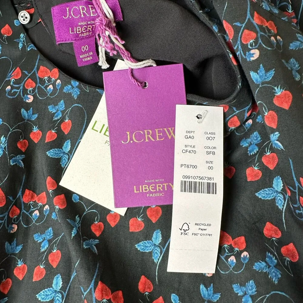 J.Crew Chiffon Shirred Waist Liberty Tana Lawn Strawberry Fields Top Size 00 NWT Black - Image 8