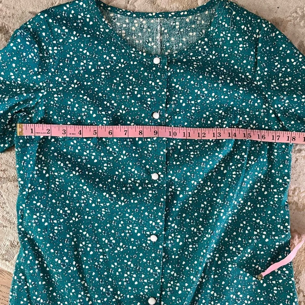 Vintage 70s Teal Floral Snap Button Romper Shorts M Medium Cottagecore Green - Image 8