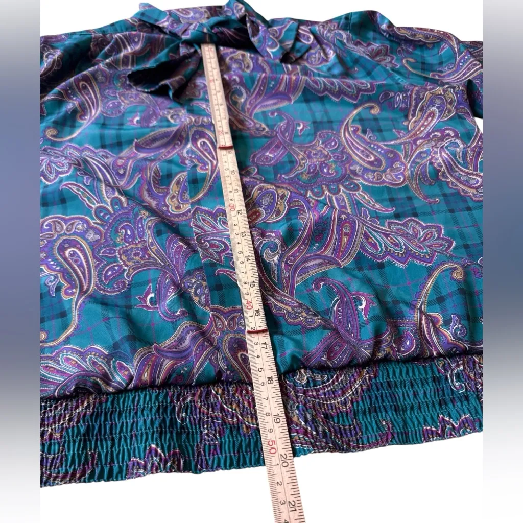Alfred Dunner Satin Green Purple Paisley Print Bow Tie Blouse Vintage Size 8 EUC - Image 6