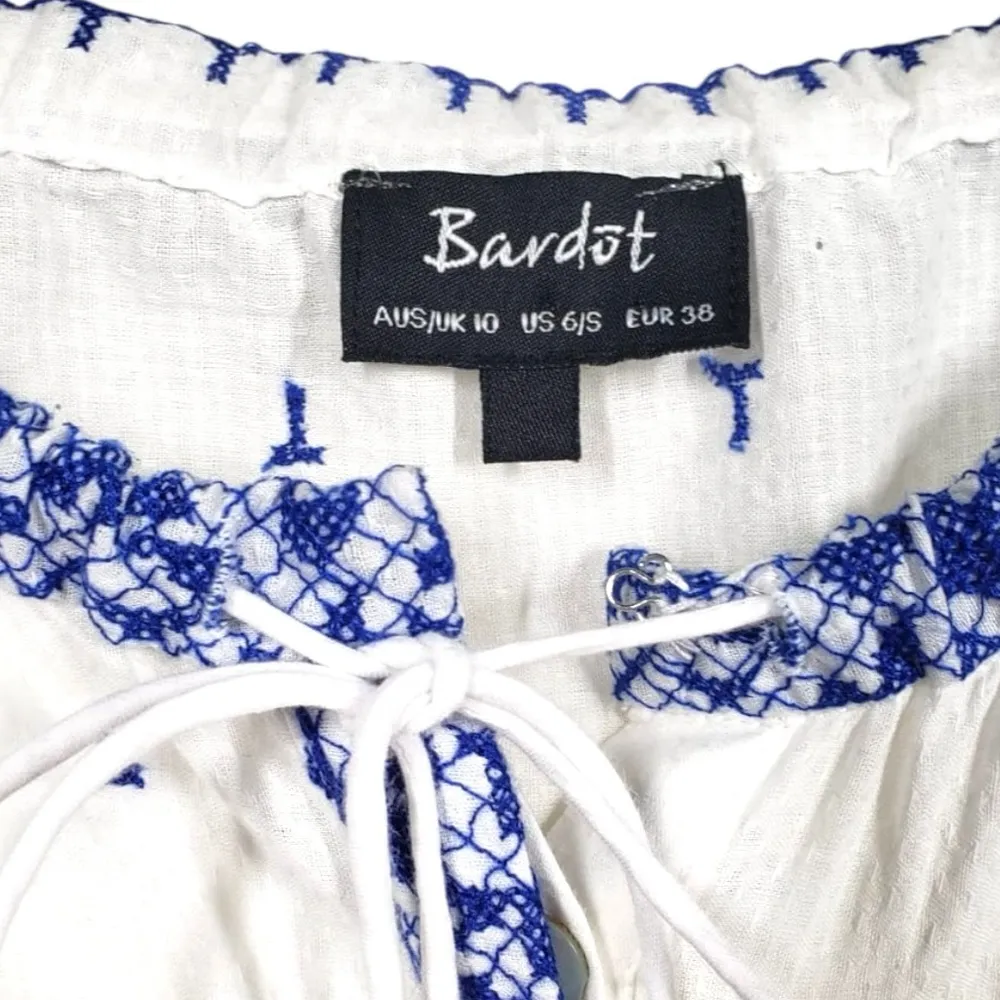 Bardot x Revolve Santorini Laced Off The Shoulder Maxi Dress in White/Blue - Image 5