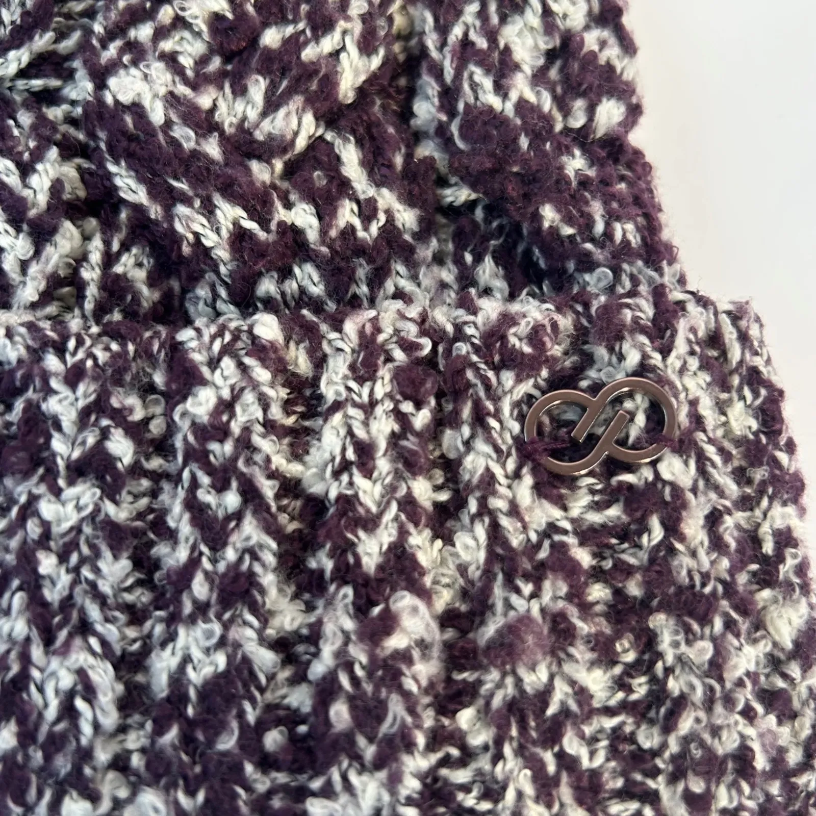 Calia Women's Knit Beanie Hat with Faux Fur Pom Pom Purple White - Image 2