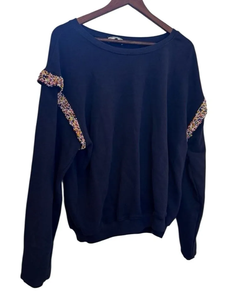 Gold and Silver Woman’s Black Sweatshirt with Colorful Beaded Ruffle Details Med - Image 1