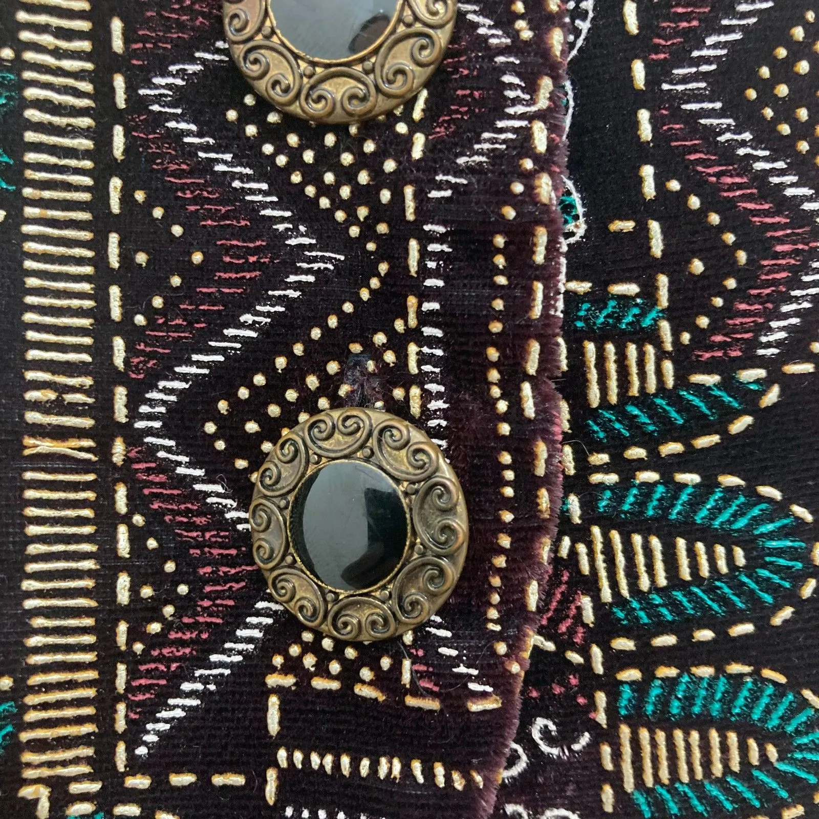 Vintage Michele Leslie Black Velvet Vest M Tribal Print Retro Unique - Image 7