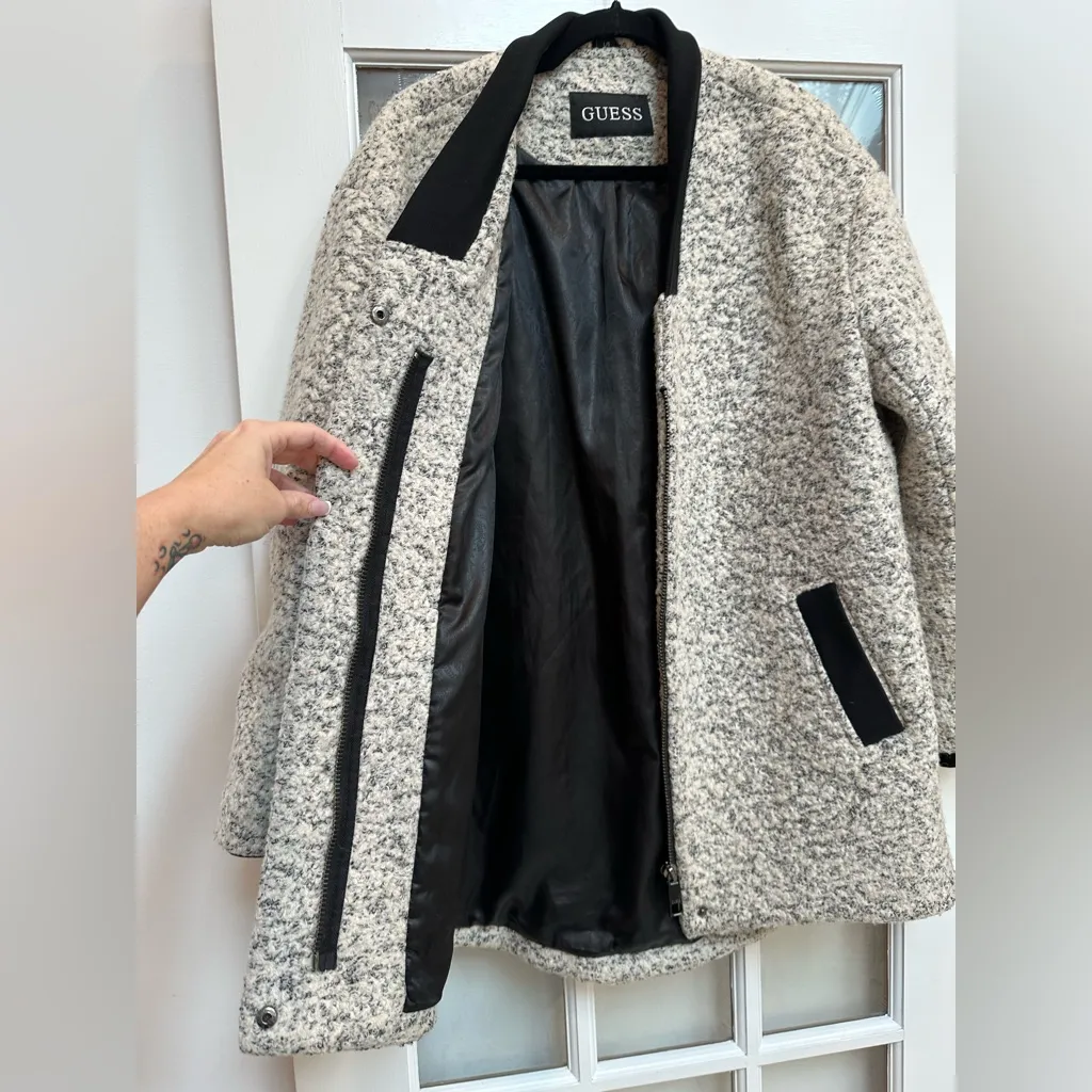 GUESS Y2K Women's Speckled Cream & Black Wool Teddy Coat Jacket Heavy Size L - Image 3