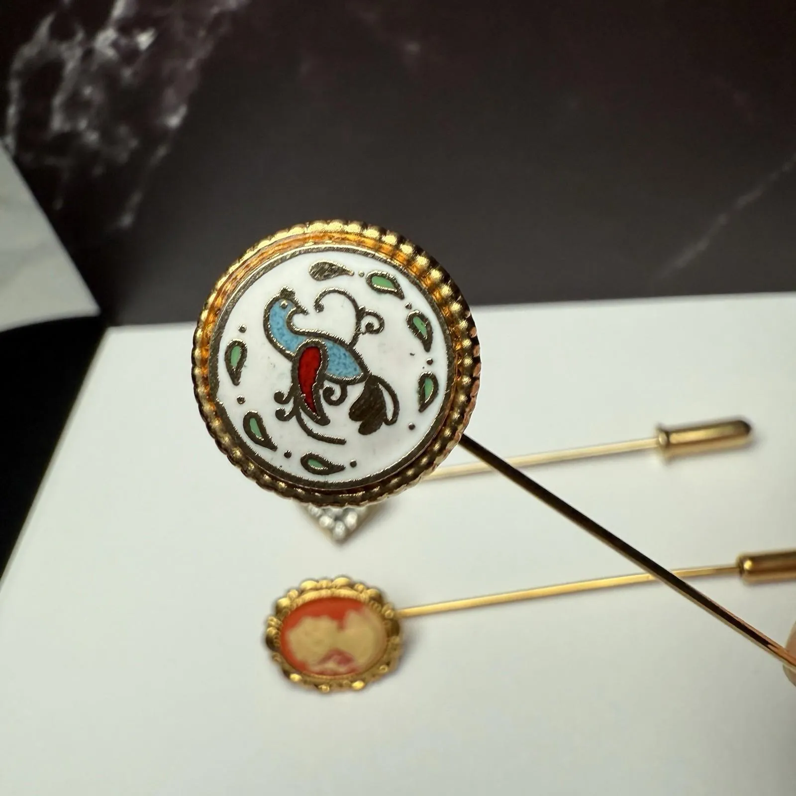Lapel Stick Pin Gold Tone Lot Of 3 Cameo, Enamel Bird, Rhinestone Square - Image 4