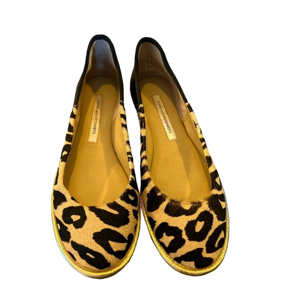 Diane Von Furstenberg Botswana Leopard Print Tan Calf‎ Hair Flat Shoe Size 6M - Image 2