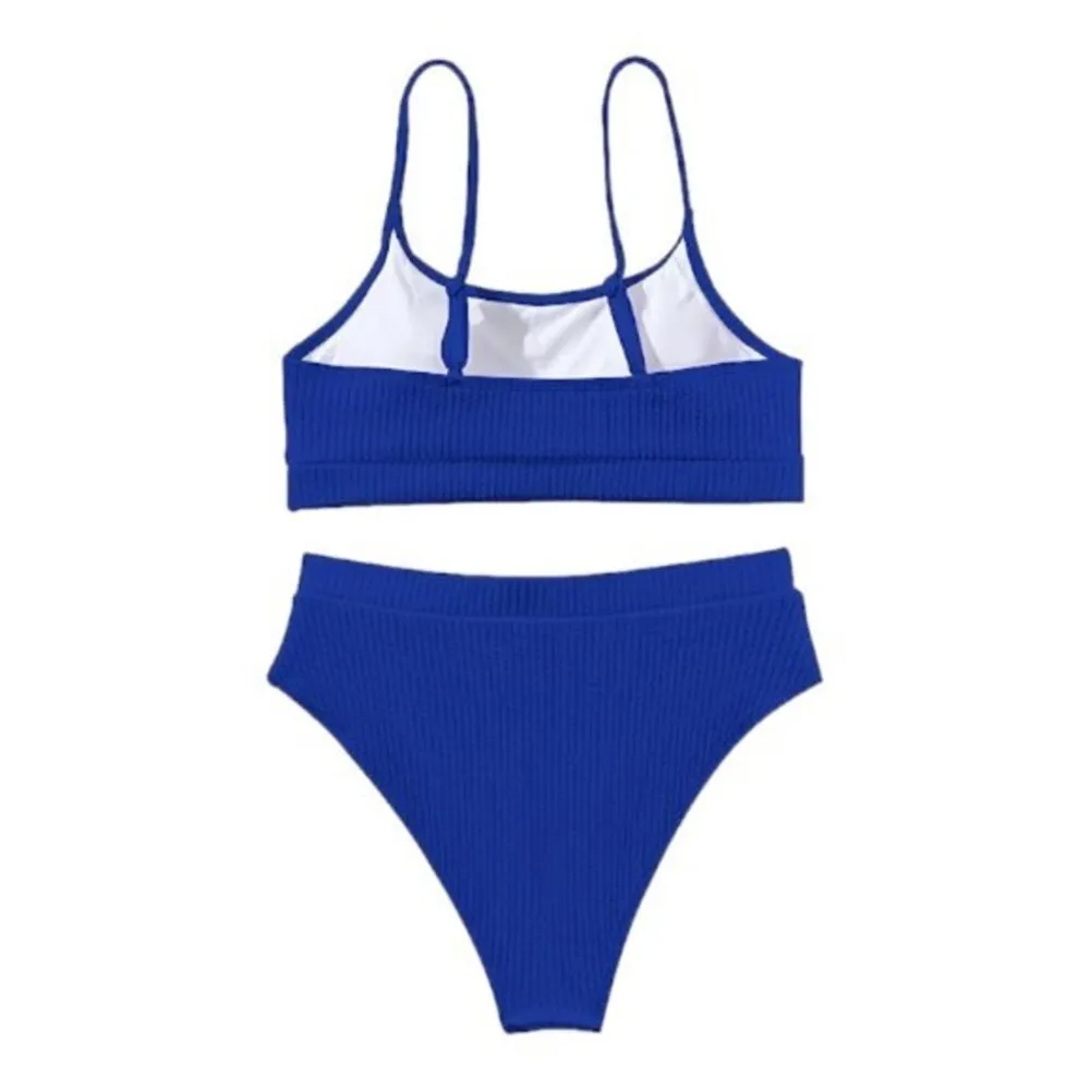 Women's Ribbed Blue High Waisted Brazilian Bikini Swimsuit Size Large NWT #1548 Size M - Image 4