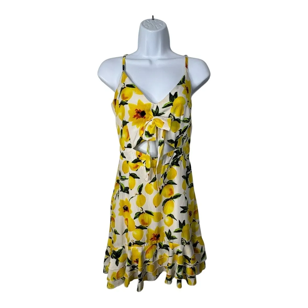 Boohoo Lemon Print Mini‎ Dress Cutout Tie Front Ruffle Hem Summer Women Size 6 - Image 5