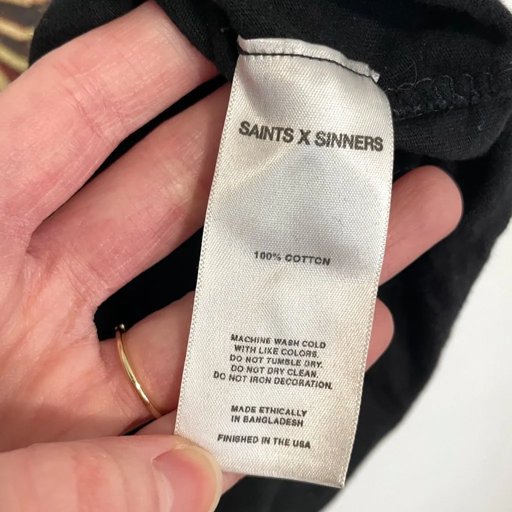 SAINTS X SINNERS Black Ribcage Skeleton Angel Roses Raw Hem Crop Top Graphic Tee Size M - Image 10